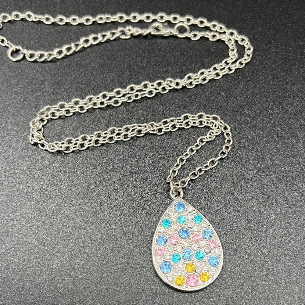 Silver Teardrop Pendant 24” Necklace with Multicolor Crystals